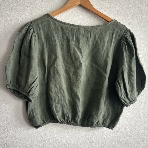 NWT Bellambra Made in Italy 100% Linen Oil Green Smocked Boho Puff Sleeve Top - Picture 6 of 9